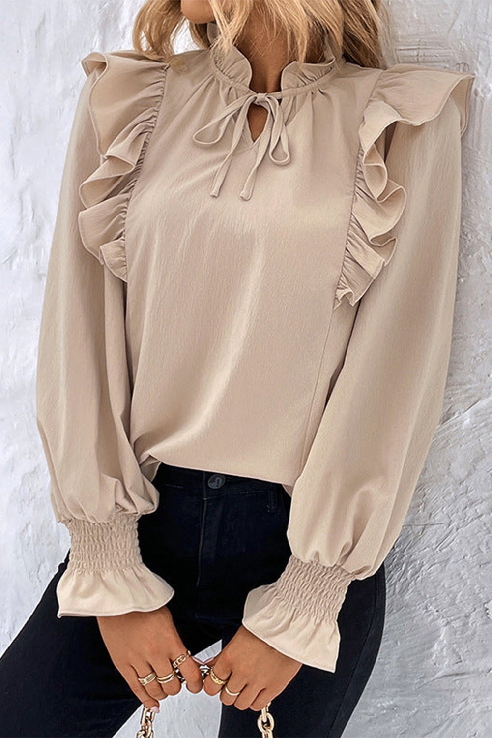 Khaki Ruffled Lace Up Bubble Sleeve Blouse