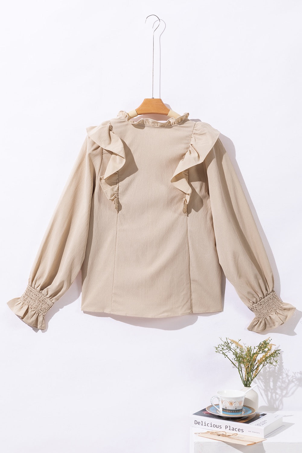 Khaki Ruffled Lace Up Bubble Sleeve Blouse