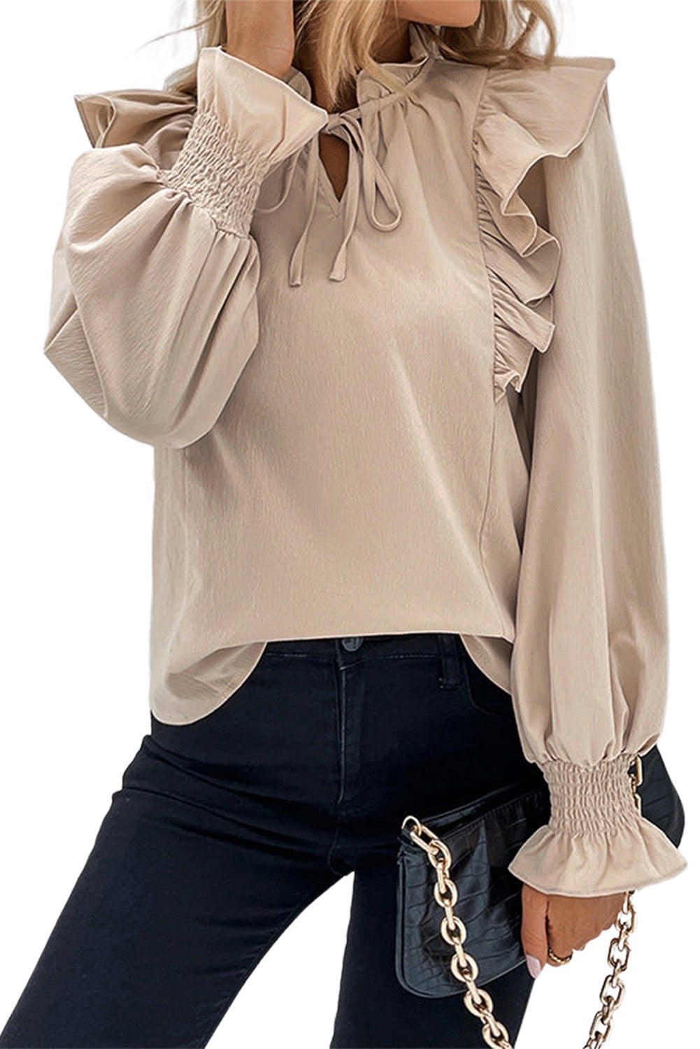 Khaki Ruffled Lace Up Bubble Sleeve Blouse