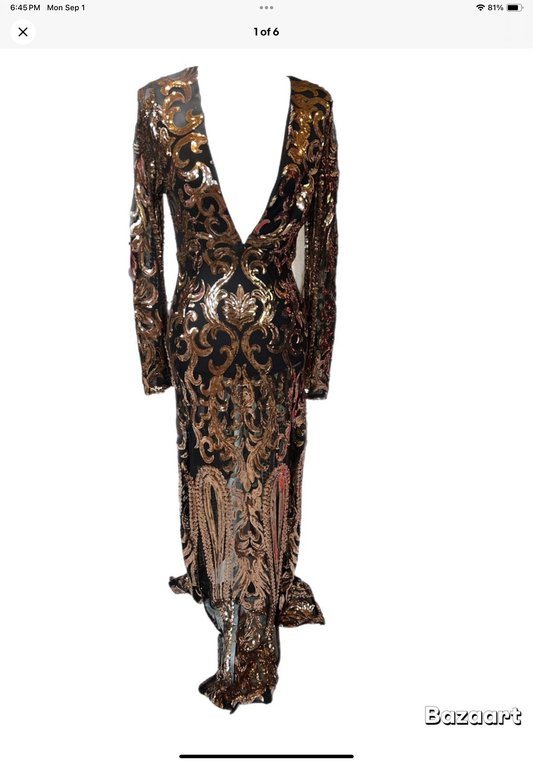 Fashion Nova  Gown With Plunge Neck Long Sleeve Side Slits And Bodysuit Size L