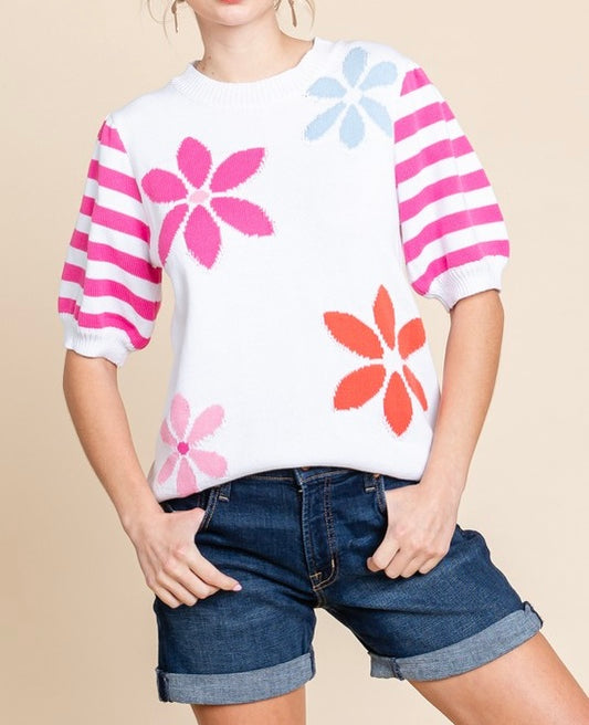 Bubble Sleeve Knit Top With Flowers