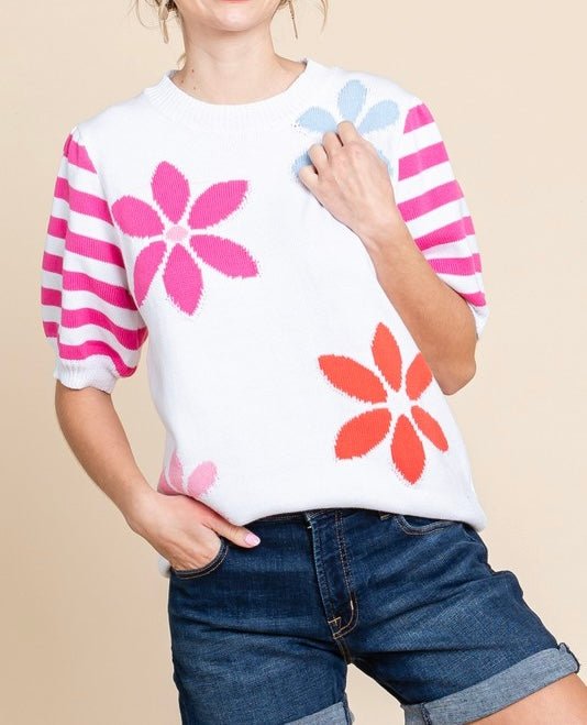 Bubble Sleeve Knit Top With Flowers