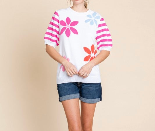 Bubble Sleeve Knit Top With Flowers