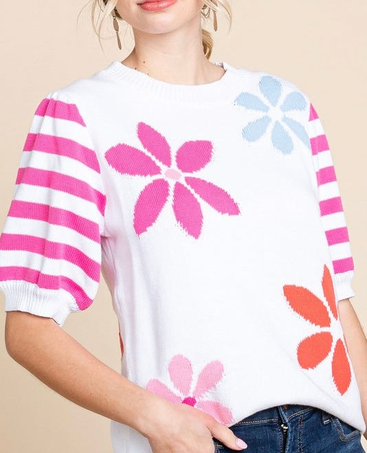 Bubble Sleeve Knit Top With Flowers